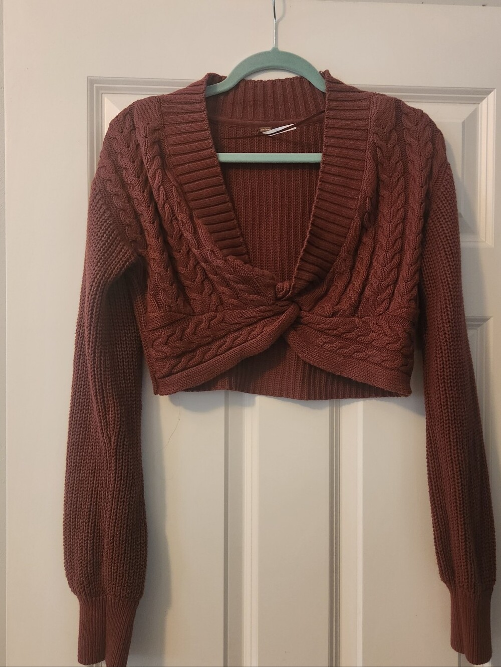 Free People Emilie cropped cable sweater twist front Cherry Cola rust brown S